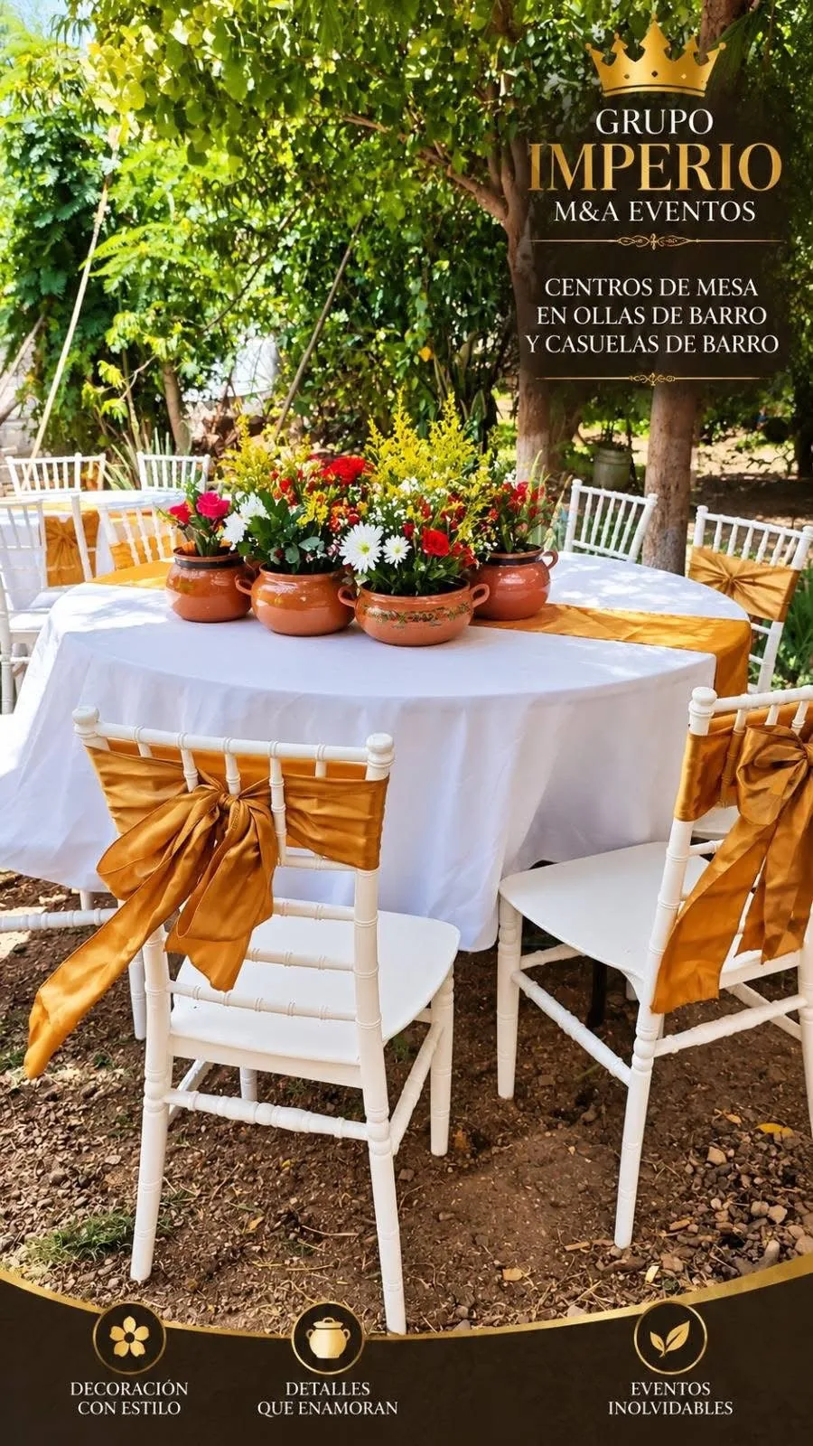 Mesas decoradas con centros de barro y flores